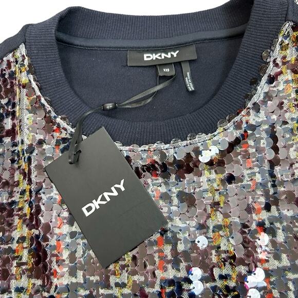 🆕 DKNY Sequin Sweatshirt Sequin Front Solid Black Sleeves Womens Size XXS NWT - Picture 5 of 10